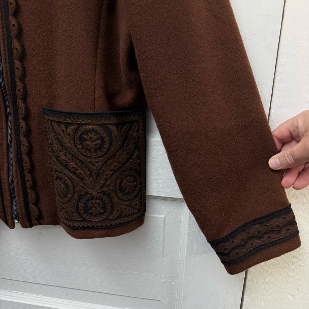 Boiled Wool Folk Jacket LANYA Women’s Small Brown Embroidered Lined - Picture 3 of 9